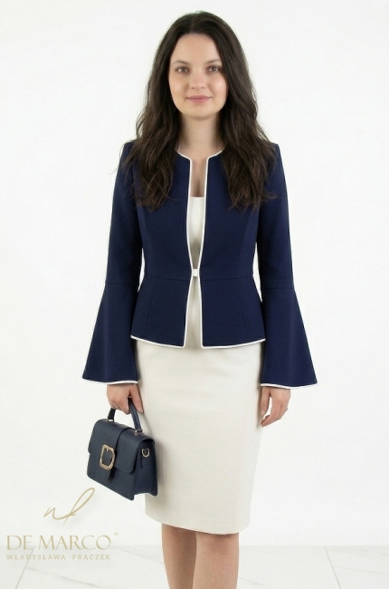 Modern Polish sets for women, women's suits, women's suits. Fashionable, formal outfits with a dress and jacket by De Marco.