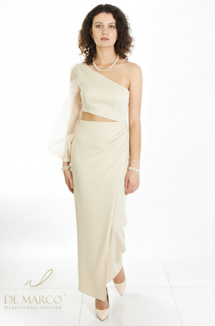 A beautiful long evening dress with cutouts in shades of beige. Custom made by De Marco.